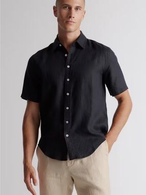 Quince Men 100% European Linen Relaxed Short Sleeve Shirt Black XL